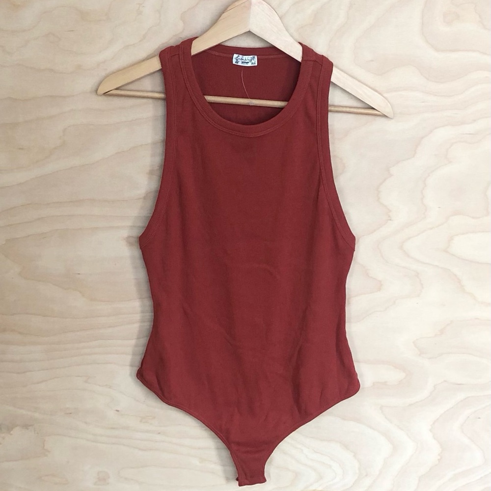 Free People Red Sleeveless Bodysuit Ribbed Cotton Blend NWOT Womens Size M.